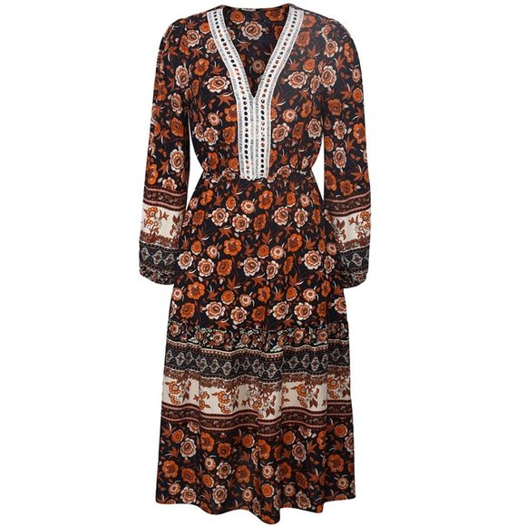 Boho Black Floral Print Lace Midi Dress - Picture 5 of 7